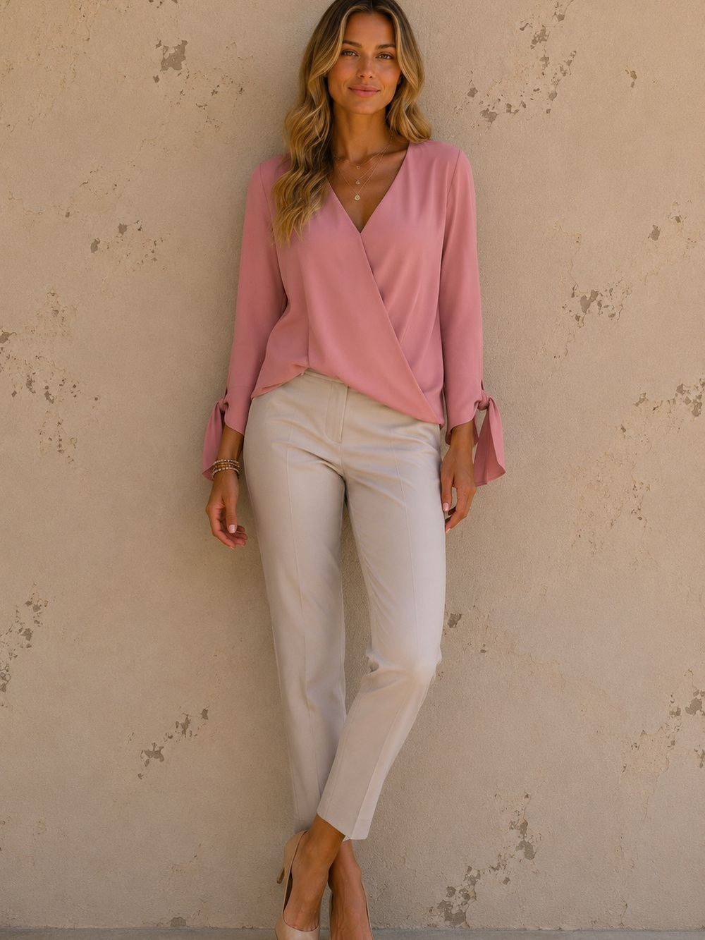 Coral Tie-Cuff Blouse | Flowy Office Chic Top | Feminine Peach Long Sleeve Shirt